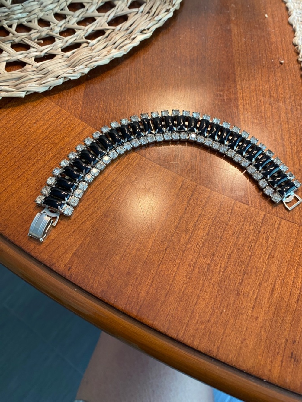 Vintage Art Deco Silver-Tone Bracelet with Black and Clear Crystals